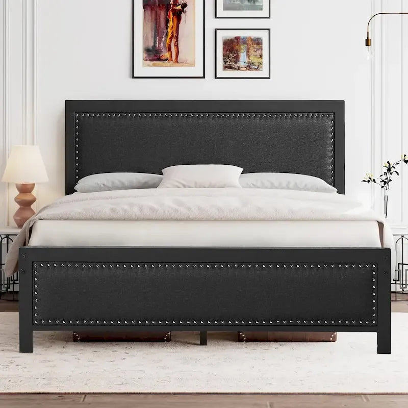 Heavy-Duty Platform Bed Frame with Linen Headboard and Footboard