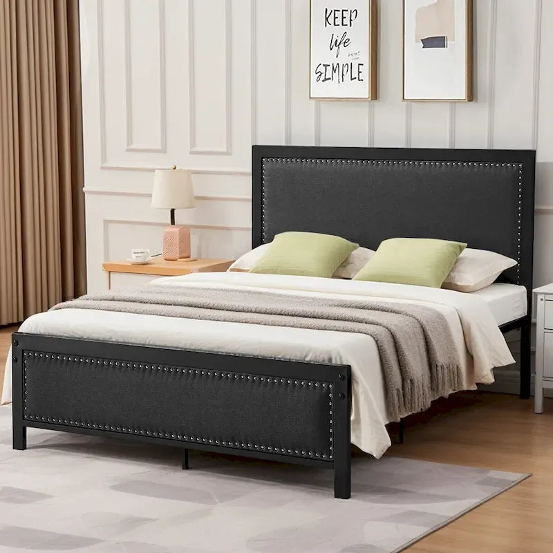 Heavy-Duty Platform Bed Frame with Linen Headboard and Footboard