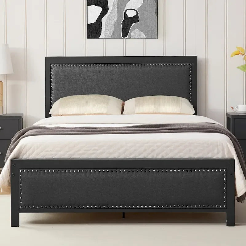 Heavy-Duty Platform Bed Frame with Linen Headboard and Footboard