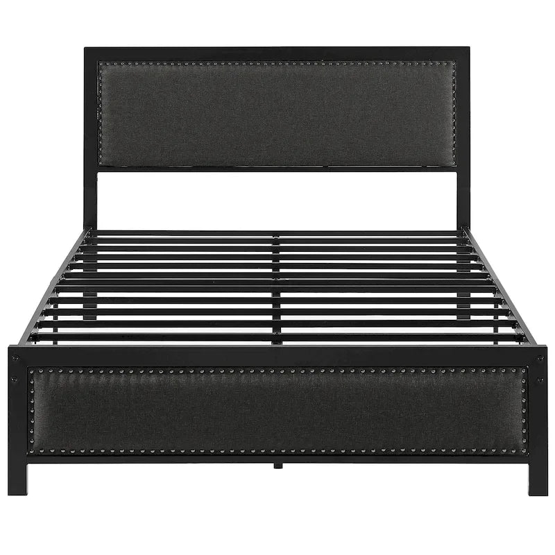 Heavy-Duty Platform Bed Frame with Linen Headboard and Footboard