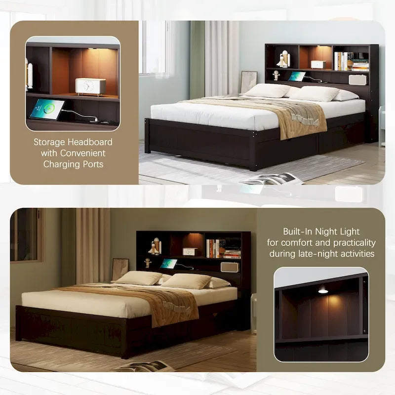 Storage Platform Bed with 2 Underbed Drawers, Wood Captains Bed with Bookcase Headboard Built-in Downlight Charging Station