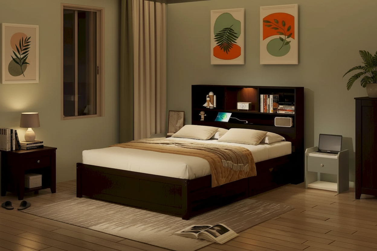 Storage Platform Bed with 2 Underbed Drawers, Wood Captains Bed with Bookcase Headboard Built-in Downlight Charging Station