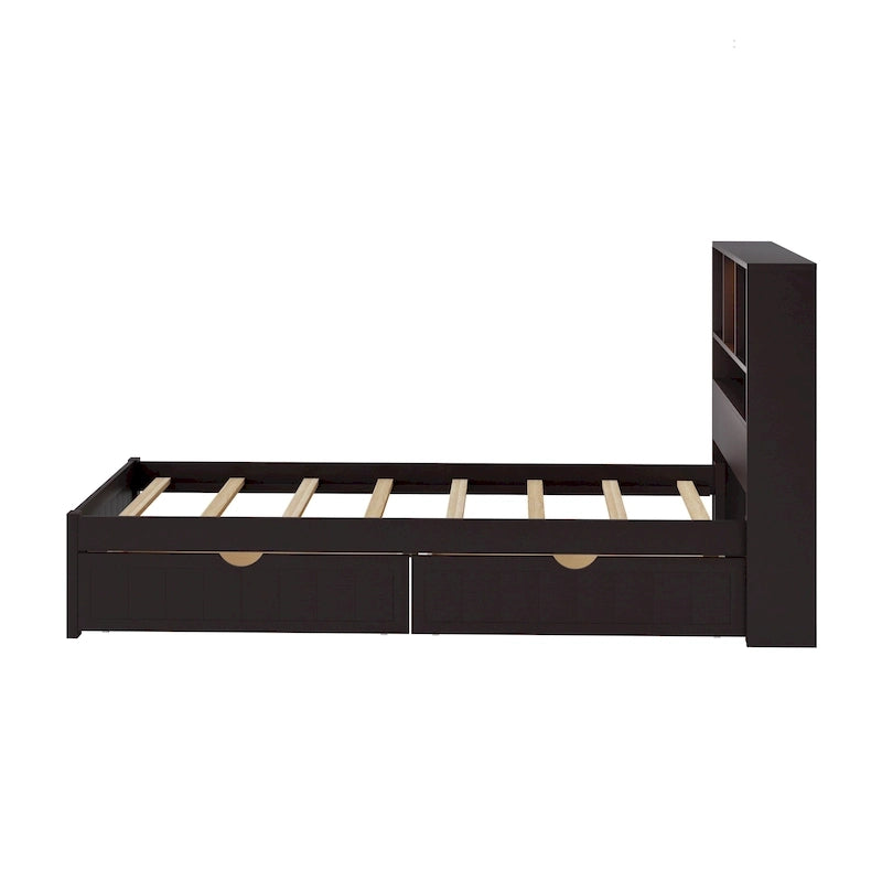 Storage Platform Bed with 2 Underbed Drawers, Wood Captains Bed with Bookcase Headboard Built-in Downlight Charging Station