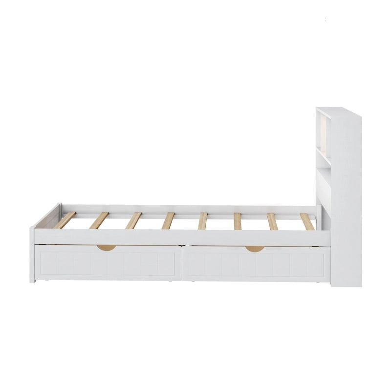 Storage Platform Bed with 2 Underbed Drawers, Wood Captains Bed with Bookcase Headboard Built-in Downlight Charging Station