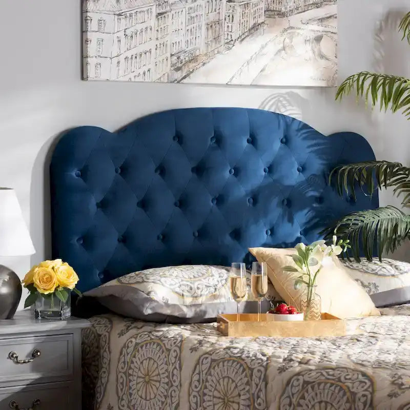 Modern Velvet Button-Tufted Upholstered Headboard, Navy Blue