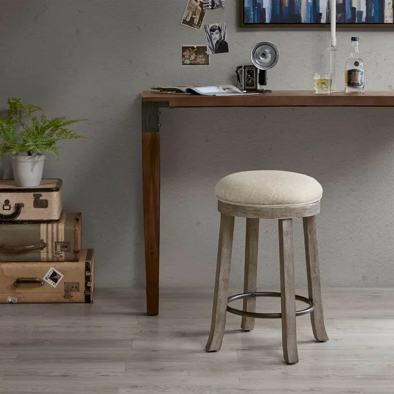 Upholstered Swivel Counter Stool with Aged Oak Finish