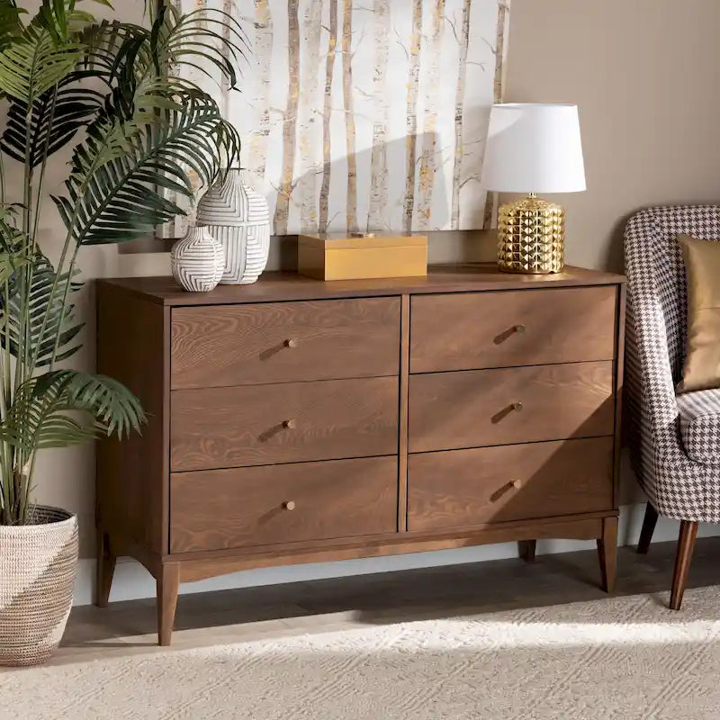 Mid-Century Modern 6-Drawer Dresser with Ash Walnut Finish