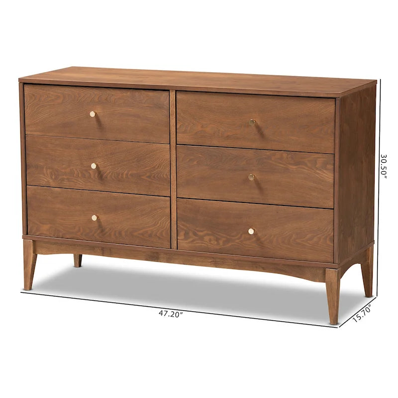 Mid-Century Modern 6-Drawer Dresser with Ash Walnut Finish