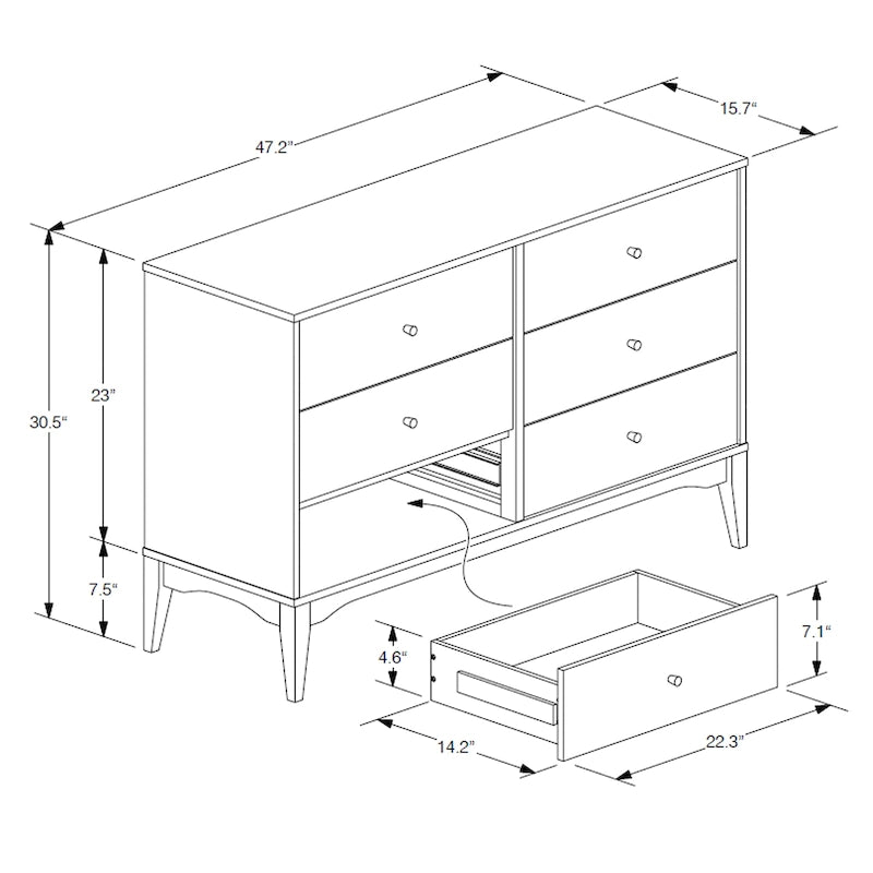 Mid-Century Modern 6-Drawer Dresser with Ash Walnut Finish