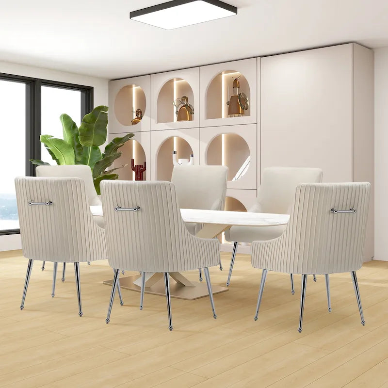 Modern Velvet Pleated Dining Chair with Rear Handle, Set of 6