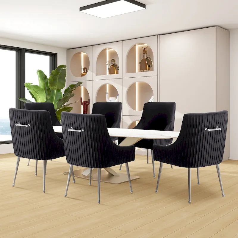Modern Velvet Pleated Dining Chair with Rear Handle, Set of 6