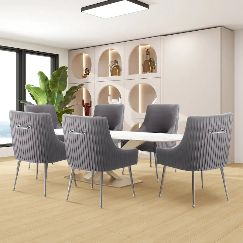 Modern Velvet Pleated Dining Chair with Rear Handle, Set of 6