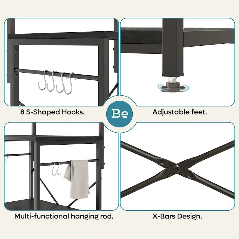 60 Inch Kitchen Baker's Rack with Hutch 8 Side Hooks