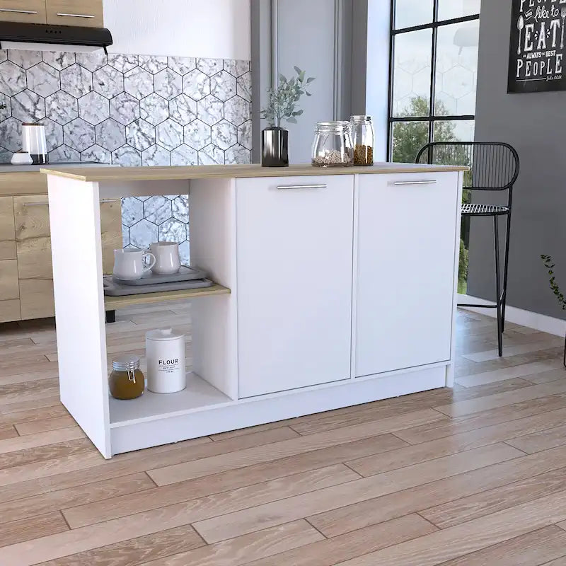 Kitchen Island with Large Top Surface, Cabinet and Open Shelves