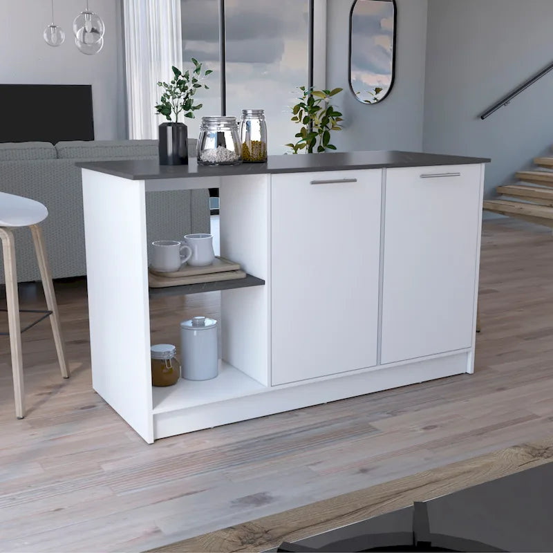 Kitchen Island with Large Top Surface, Cabinet and Open Shelves
