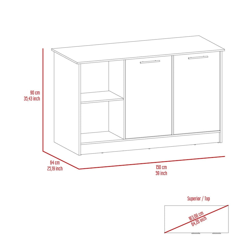 Kitchen Island with Large Top Surface, Cabinet and Open Shelves