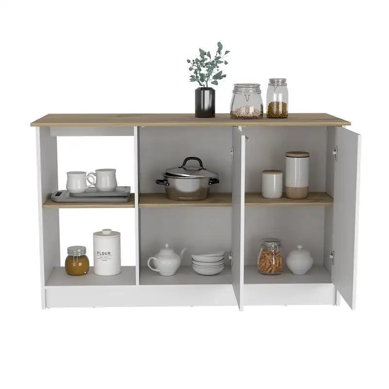 Kitchen Island with Large Top Surface, Cabinet and Open Shelves