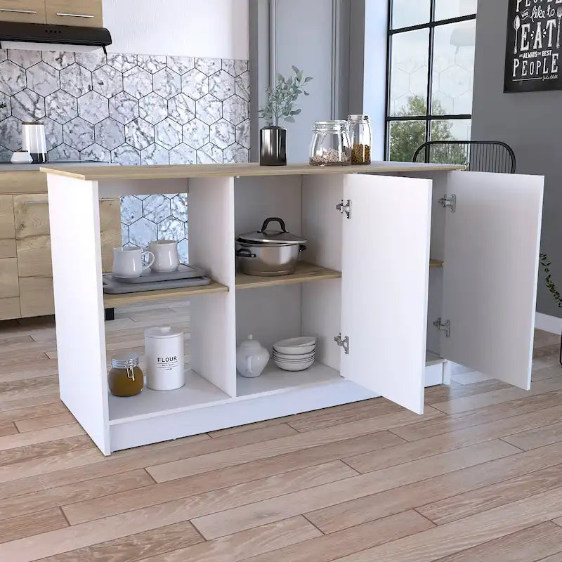 Kitchen Island with Large Top Surface, Cabinet and Open Shelves