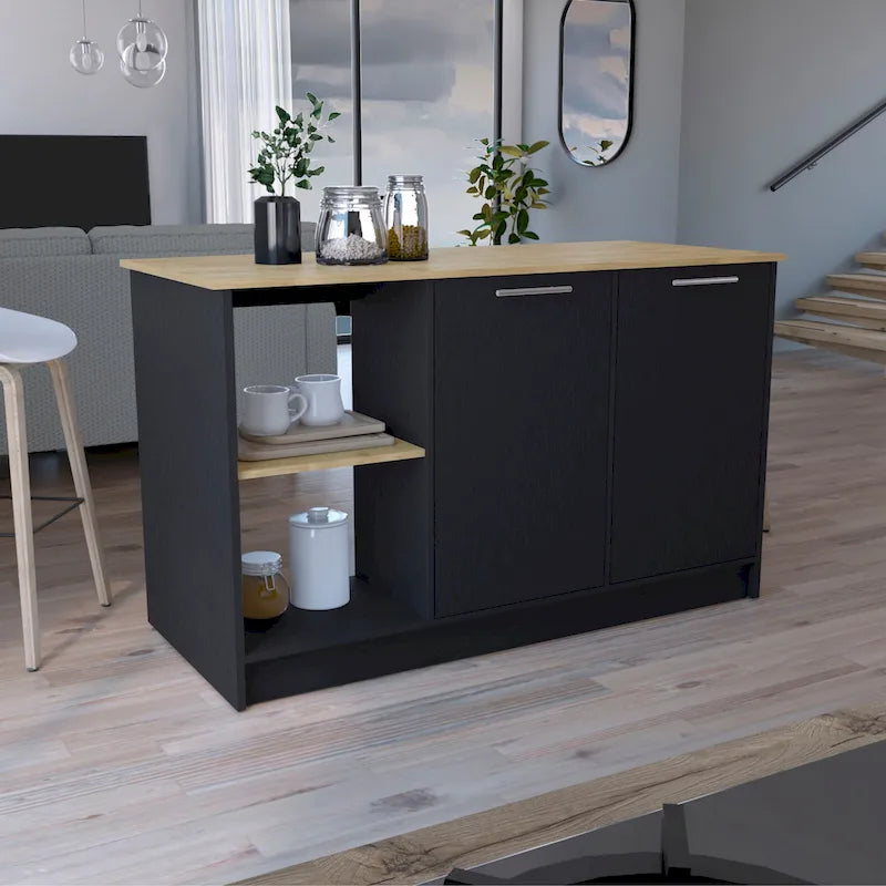Kitchen Island with Large Top Surface, Cabinet and Open Shelves