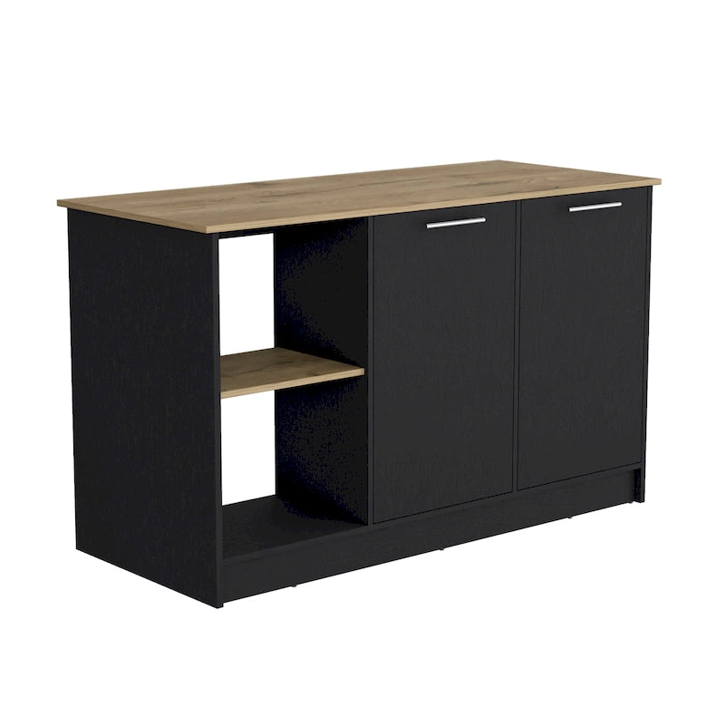 Kitchen Island with Large Top Surface, Cabinet and Open Shelves