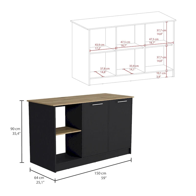 Kitchen Island with Large Top Surface, Cabinet and Open Shelves