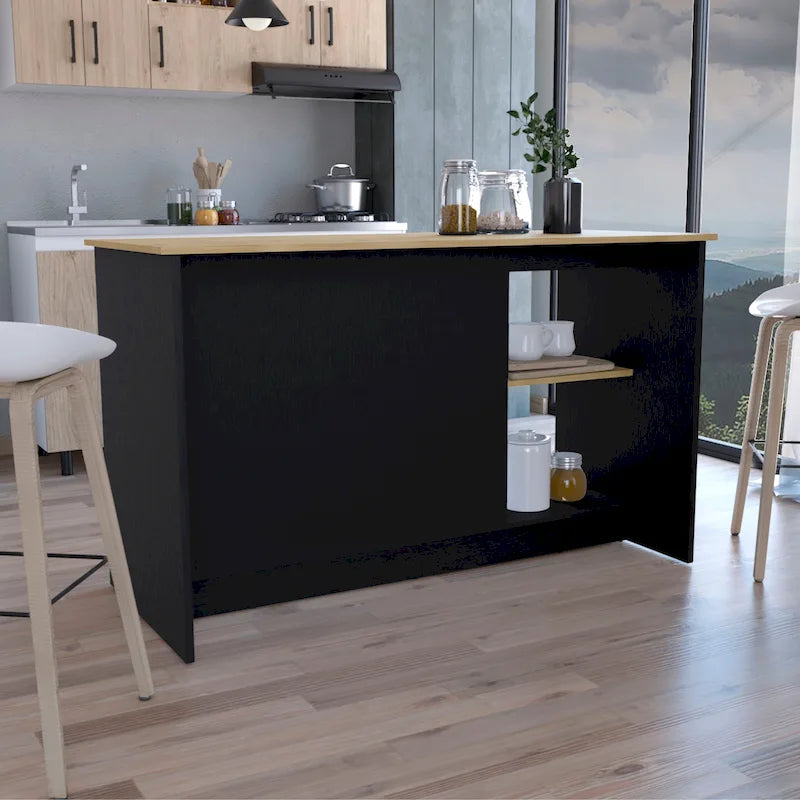 Kitchen Island with Large Top Surface, Cabinet and Open Shelves