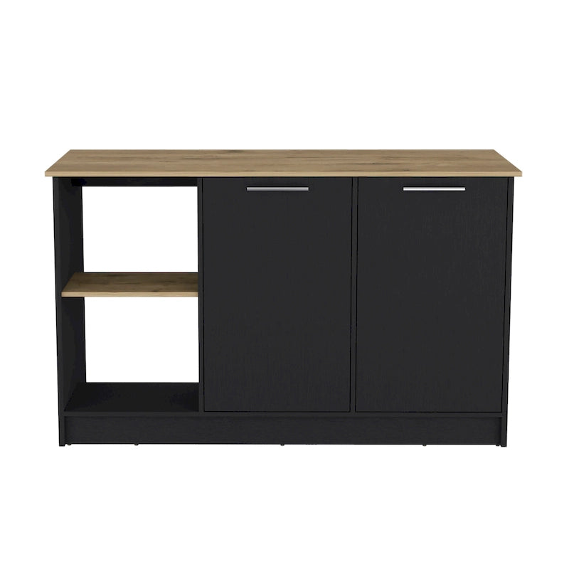 Kitchen Island with Large Top Surface, Cabinet and Open Shelves
