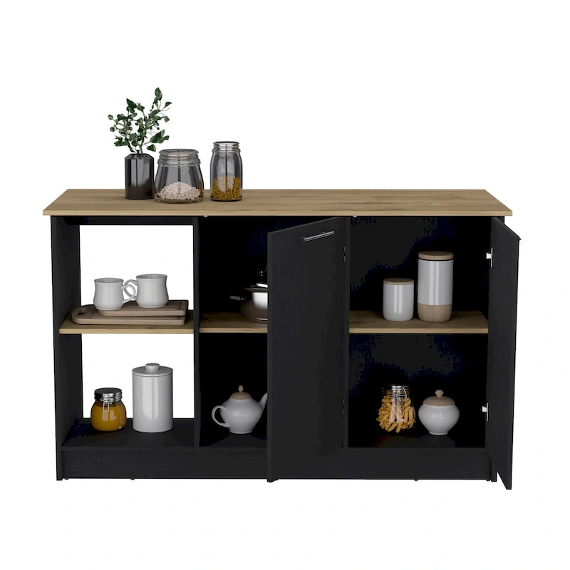 Kitchen Island with Large Top Surface, Cabinet and Open Shelves