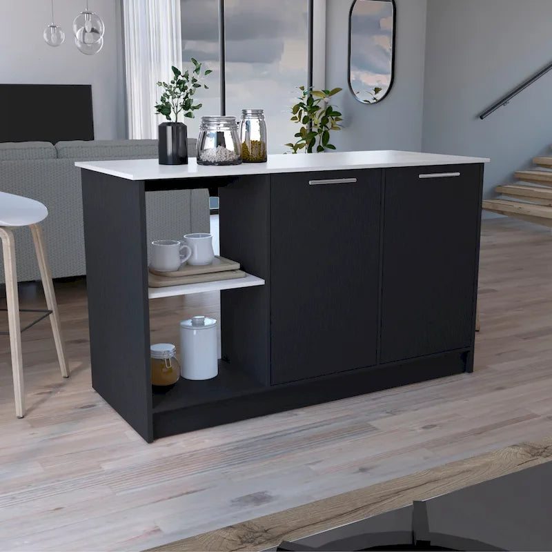 Kitchen Island with Large Top Surface, Cabinet and Open Shelves