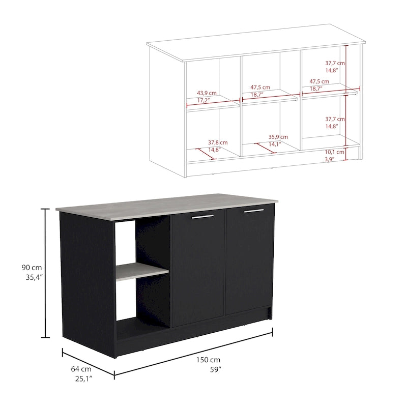 Kitchen Island with Large Top Surface, Cabinet and Open Shelves