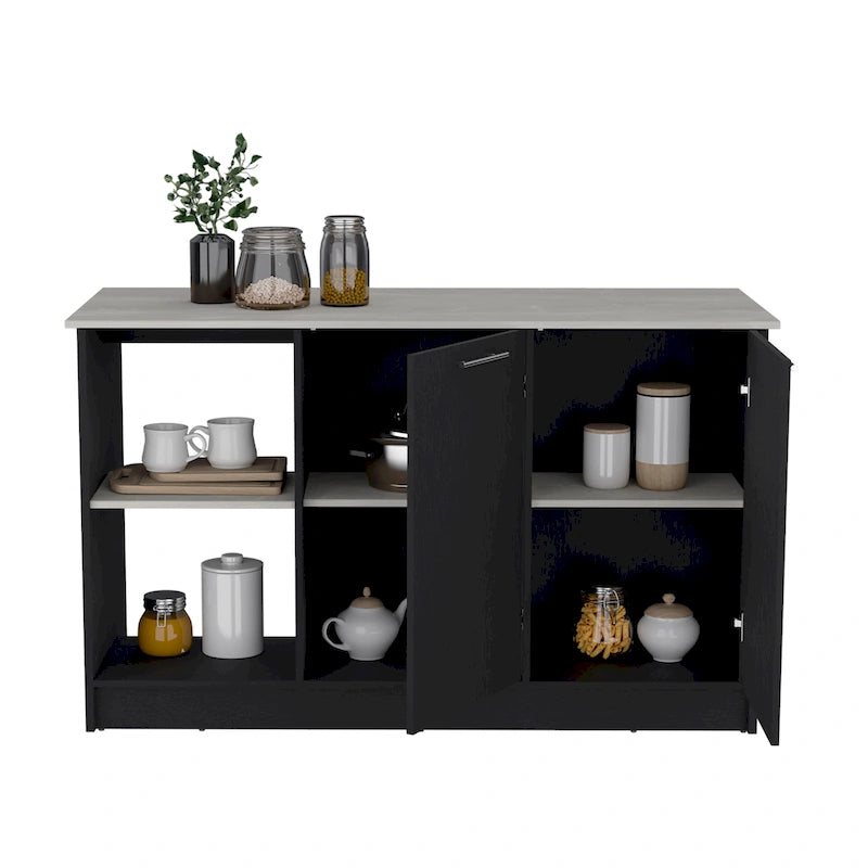 Kitchen Island with Large Top Surface, Cabinet and Open Shelves