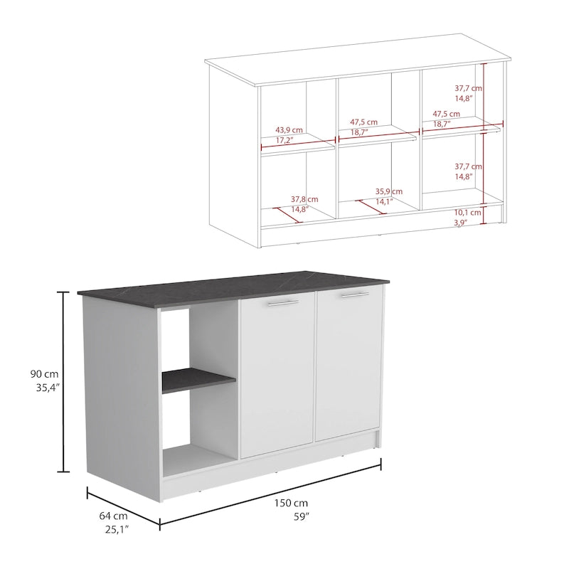 Kitchen Island with Large Top Surface, Cabinet and Open Shelves