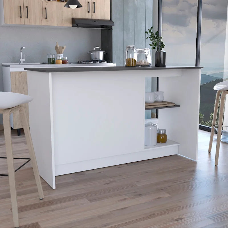 Kitchen Island with Large Top Surface, Cabinet and Open Shelves
