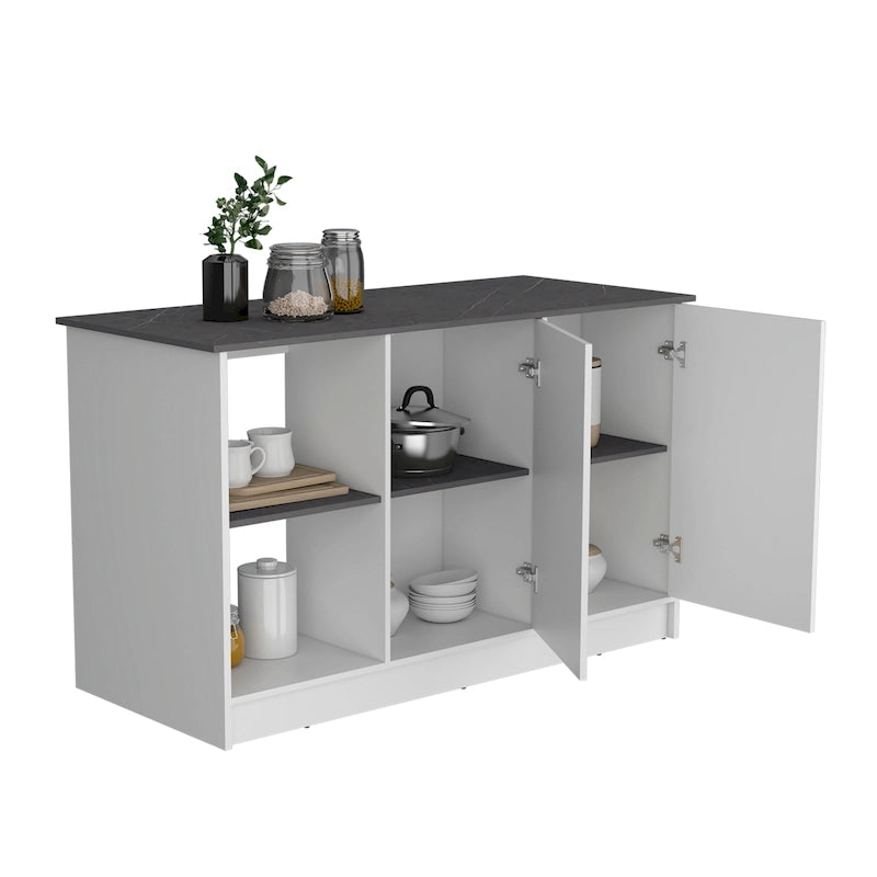 Kitchen Island with Large Top Surface, Cabinet and Open Shelves