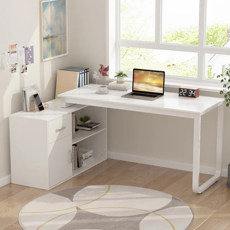 White Reversible L-Shape Computer Desk with Drawer and Shelves