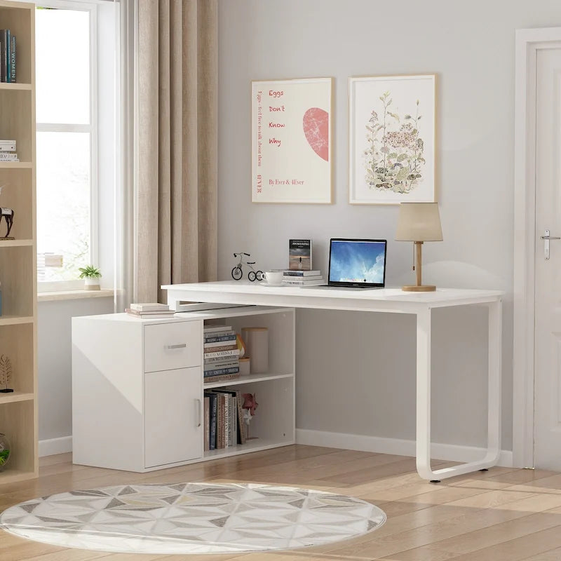 White Reversible L-Shape Computer Desk with Drawer and Shelves