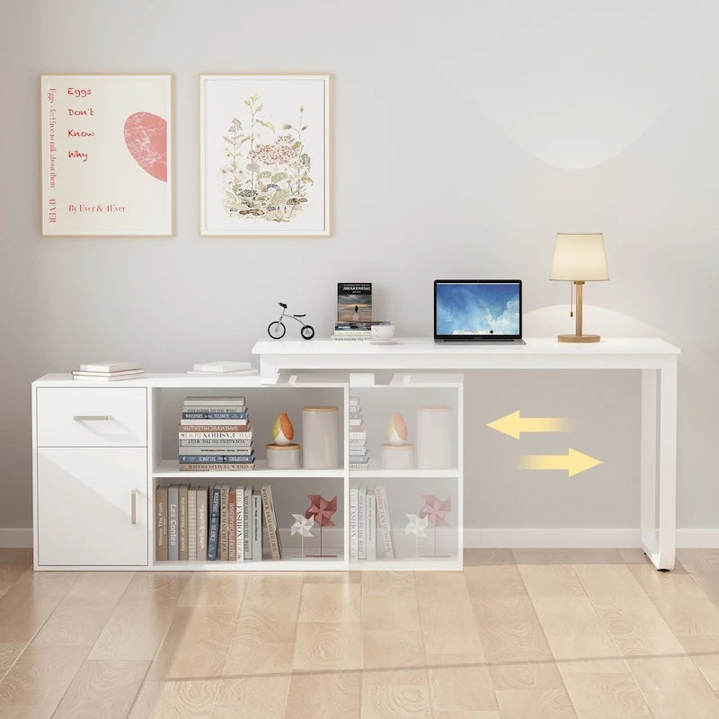 White Reversible L-Shape Computer Desk with Drawer and Shelves