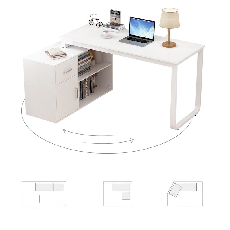 White Reversible L-Shape Computer Desk with Drawer and Shelves