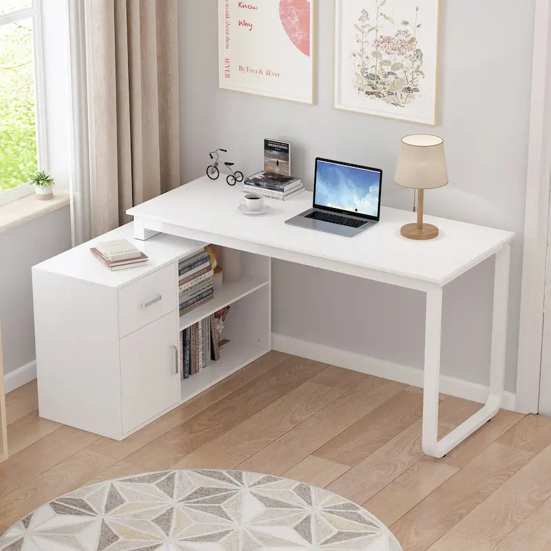 White Reversible L-Shape Computer Desk with Drawer and Shelves