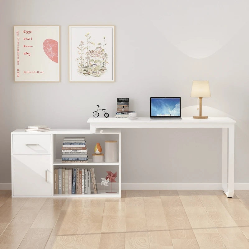 White Reversible L-Shape Computer Desk with Drawer and Shelves
