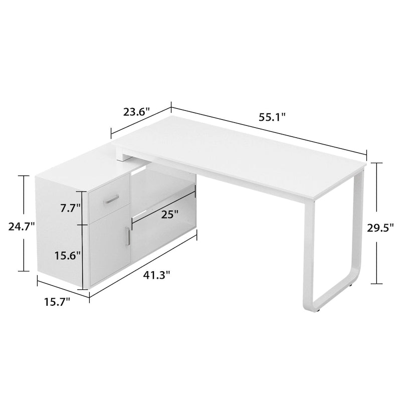 White Reversible L-Shape Computer Desk with Drawer and Shelves