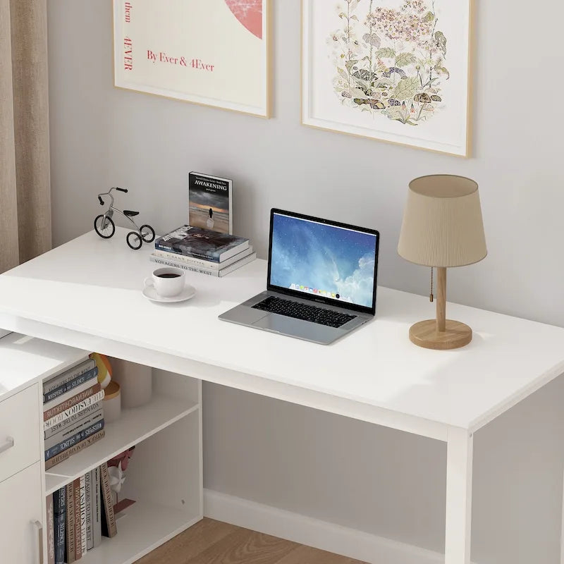 White Reversible L-Shape Computer Desk with Drawer and Shelves