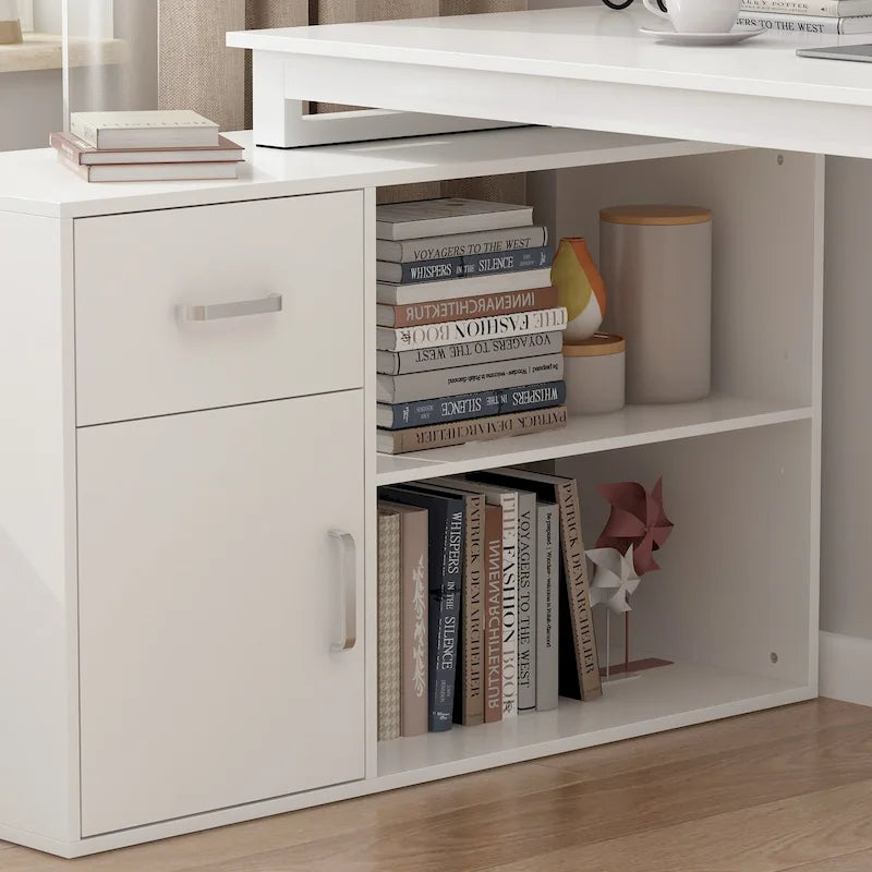 White Reversible L-Shape Computer Desk with Drawer and Shelves