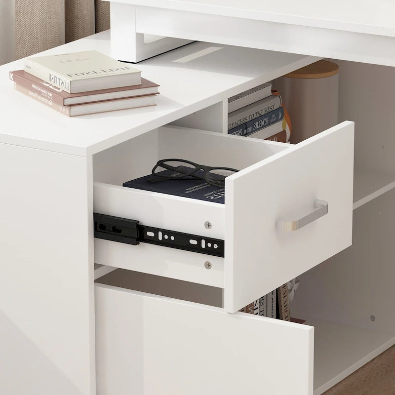 White Reversible L-Shape Computer Desk with Drawer and Shelves