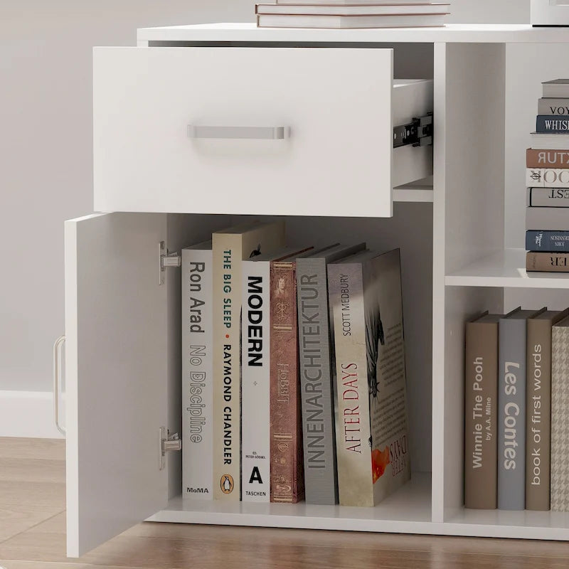 White Reversible L-Shape Computer Desk with Drawer and Shelves