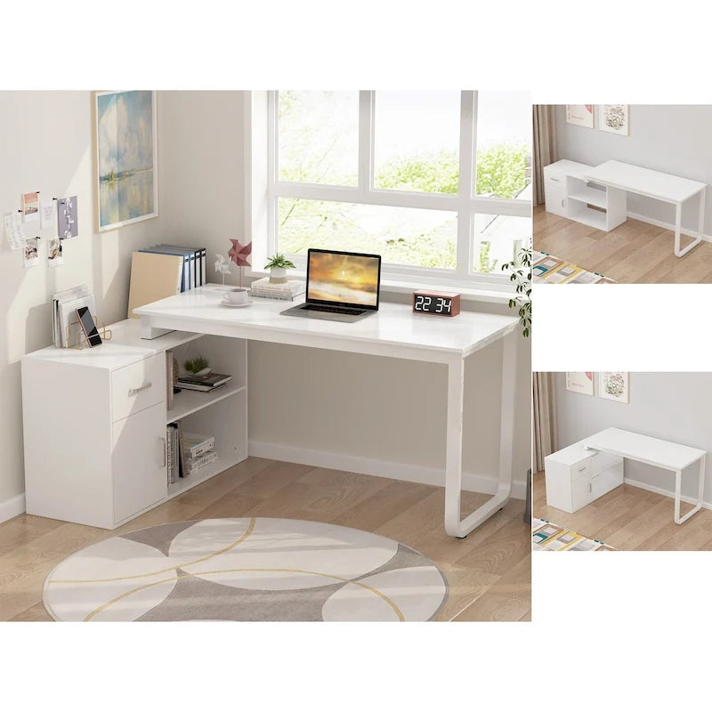 White Reversible L-Shape Computer Desk with Drawer and Shelves