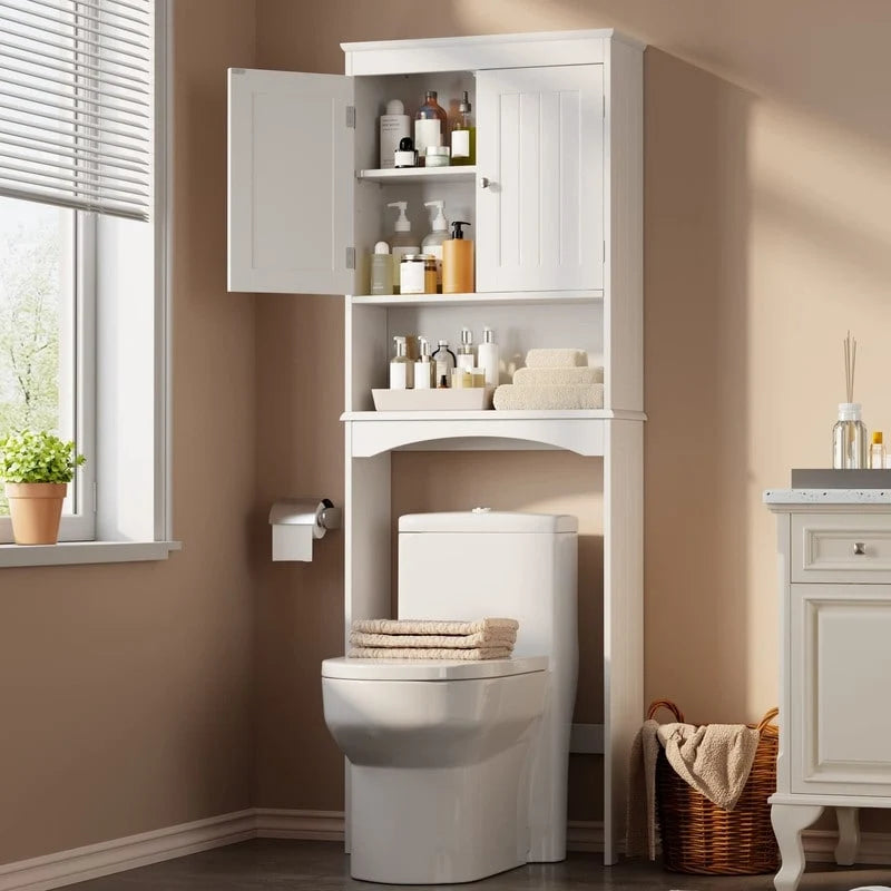 Over-the-Toilet Bathroom Storage Cabinet with Double Door and Open Shelf