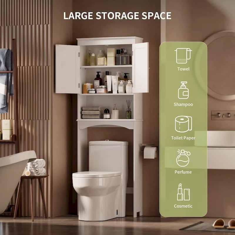Over-the-Toilet Bathroom Storage Cabinet with Double Door and Open Shelf