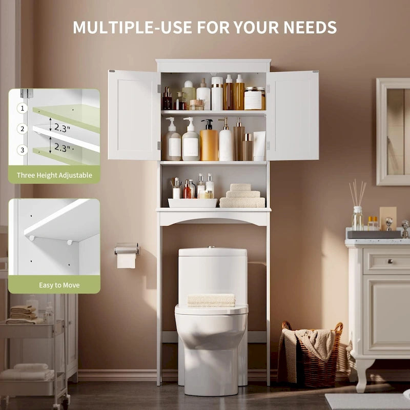 Over-the-Toilet Bathroom Storage Cabinet with Double Door and Open Shelf