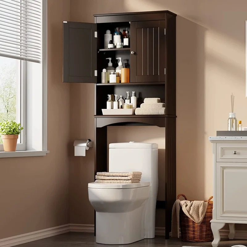 Over-the-Toilet Bathroom Storage Cabinet with Double Door and Open Shelf